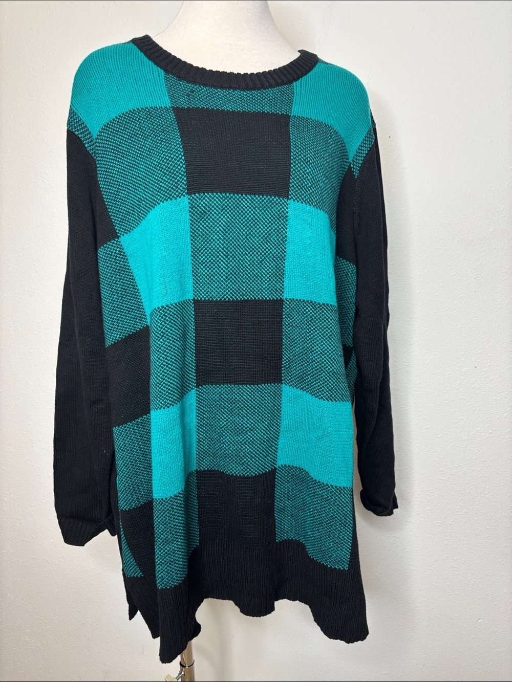 Woman Within Black & Teal Check Crewneck Sweater